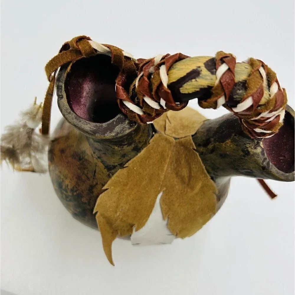 Native American Wedding Vase Suede Feathers Leather Band Double Spout 8